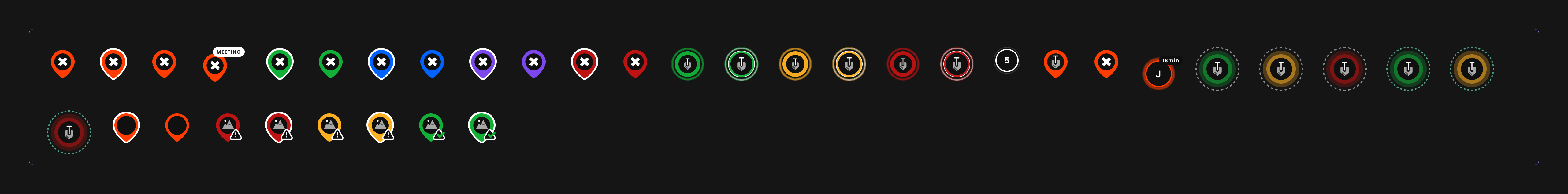 Offroad Sync design system: map pins for trips, recoveries, responders and trail reports
