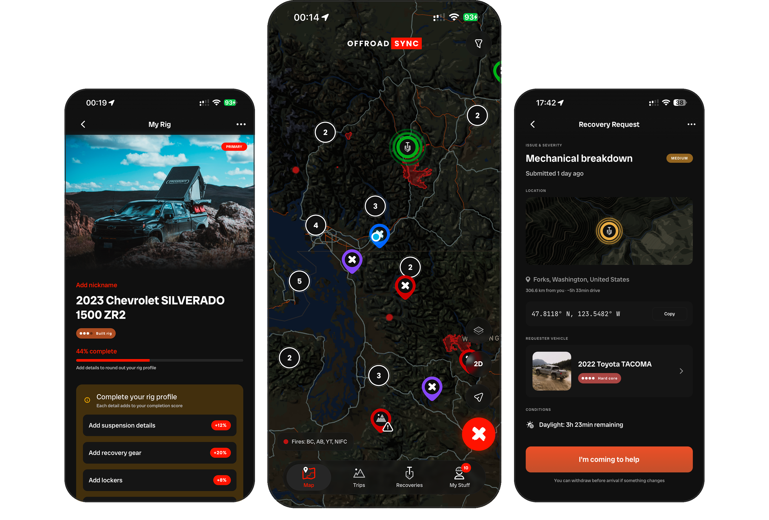 Offroad Sync rig profile, live map and recovery request on three phones