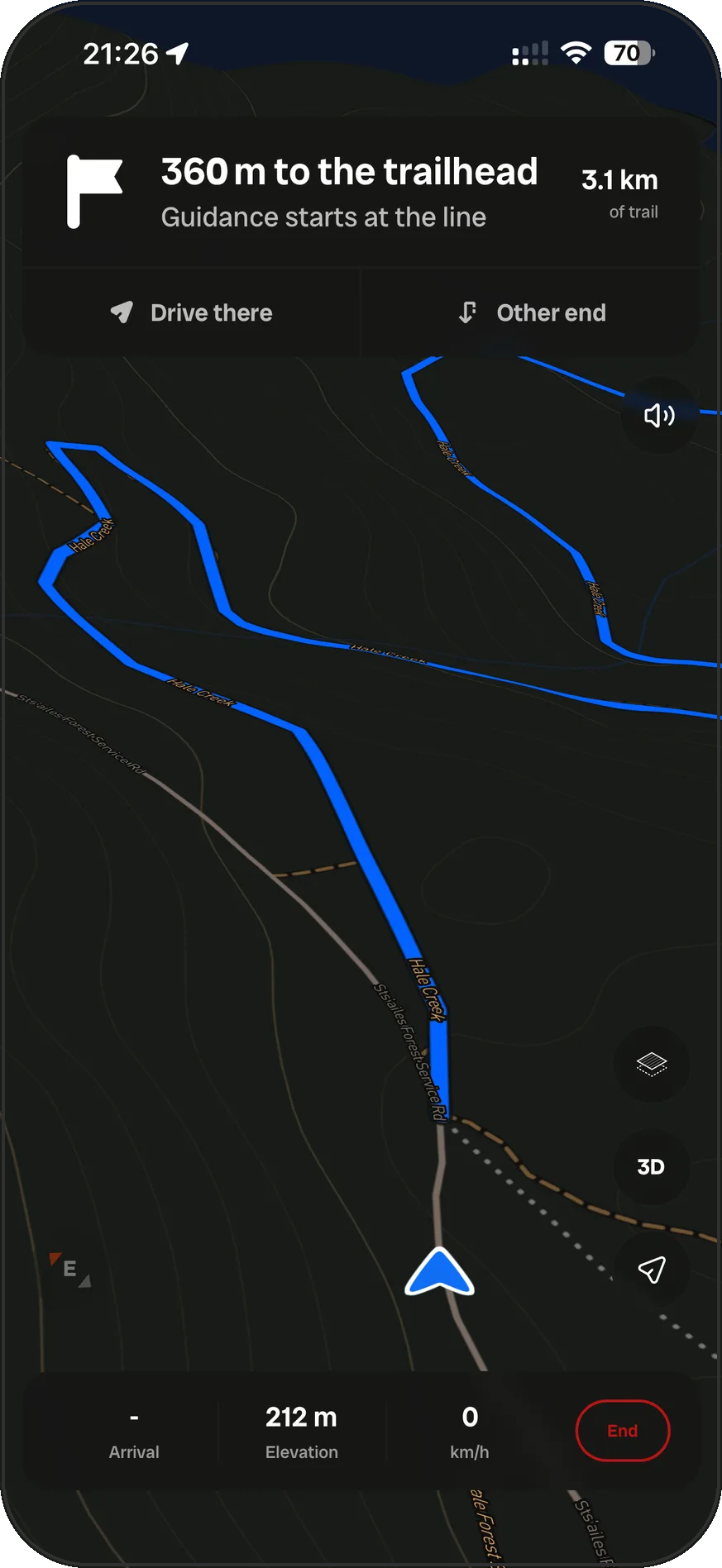 Offroad Sync turn-by-turn guidance along a trail line