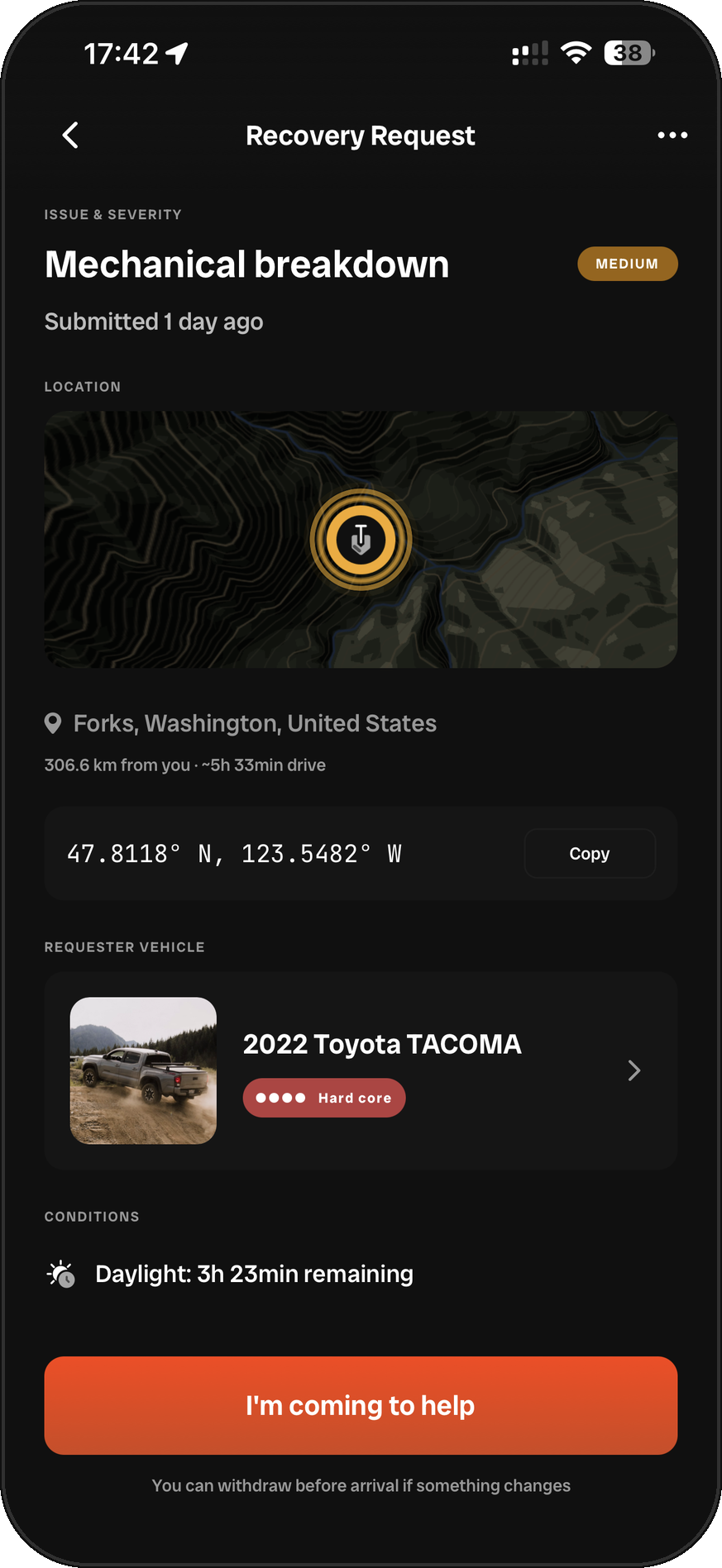 Offroad Sync recovery request for a mechanical breakdown