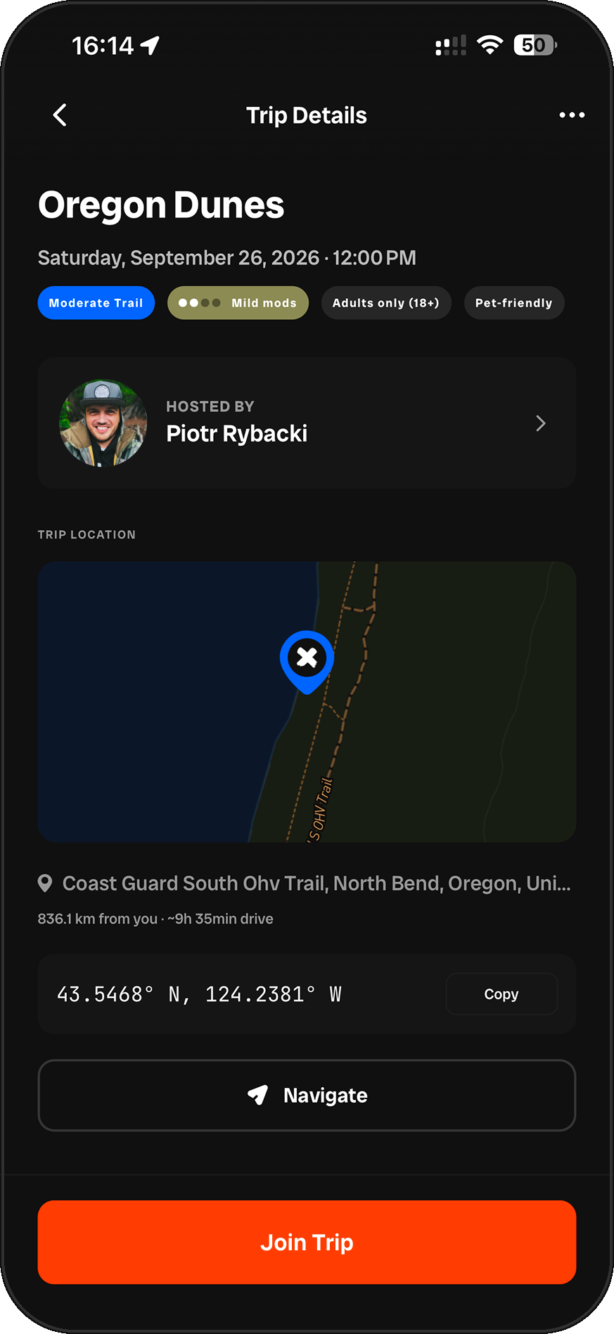 Offroad Sync trip details for an Oregon Dunes run